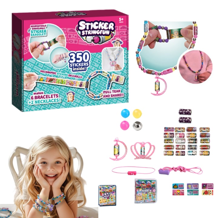 Set bijuterii Sticki Rolls Fantasy 350 abtibilduri Bratari*6 coliere*2 pandantive*2 margele colorate*144 set de albume cu autocolante – creati bijuterii personalizate cu multiple optiuni de culori disponibile
