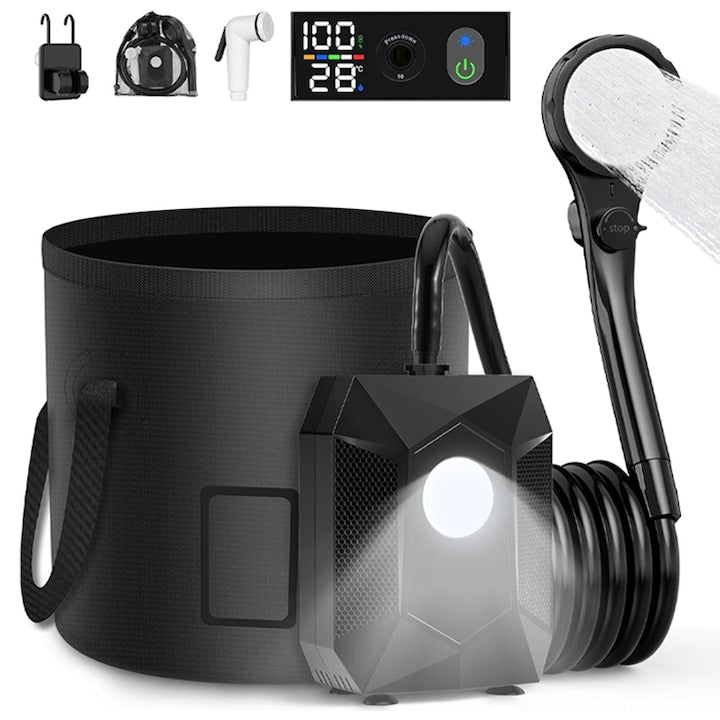 Portable Camping Shower, Duueyct, 6000mAh, 3 Spray Modes, LED Lamp, with 20L Foldable Bucket, Shower Head, Hose, Pump, Hook, Pouch, For Hiking, Black
