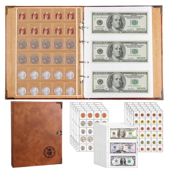 Album for collecting coins/banknotes ZOUN can hold up to 240 banknotes and 150 coins, 30 cm × 24 cm × 4 cm, waterproof, transparent PVC inner pages, with removable sheets, brown