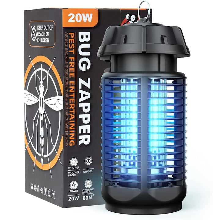 Lampa UV anti insecte aparat tantari muste silentioasa cu radiatie 360° pentru interior sau exterior 20 W 4000V negru