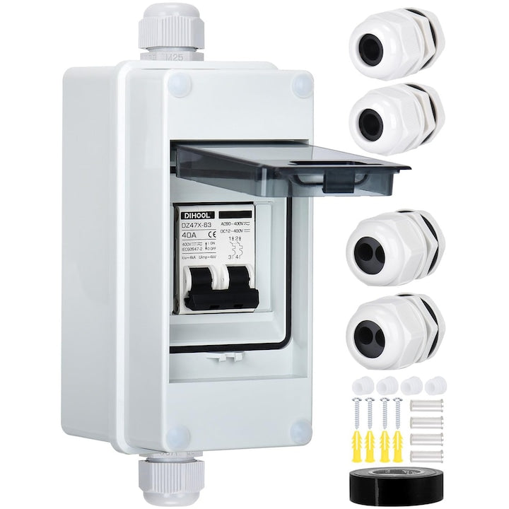 Intrerupator automat pentru panouri solare Walalla cu carcasa pe sina DIN grad de protectie IP65 intrerupator automat miniatural AC/DC nepolar bipolar de 40 amperi 12V-400V potrivit pentru sisteme fotovoltaice de exterior sau AC