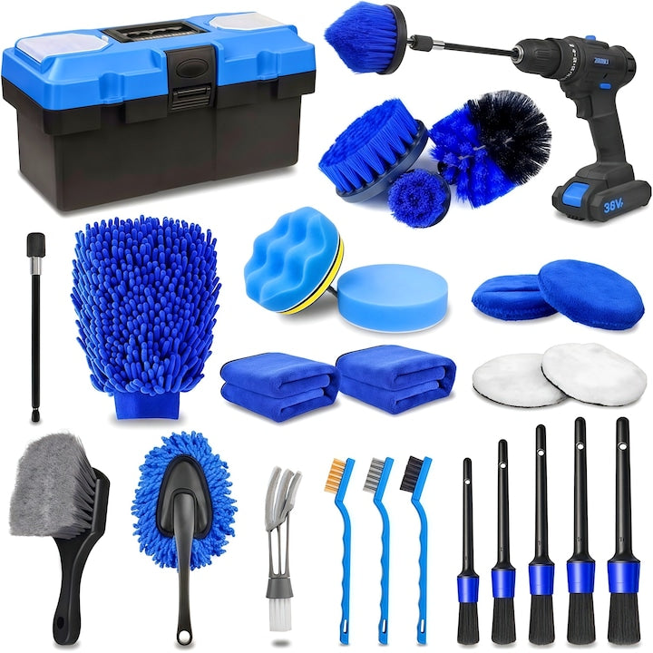 27 Pcs Car Detailing Brush Set 5 Detail Brushes Comes with 4 powerful absorbent cloths Windshield cleaning tool 180-degree rotating brush head non-slip soft touch blue