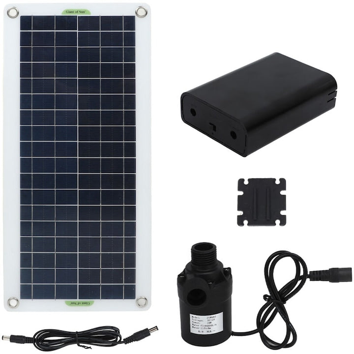 Solar water pump kit 30W 800 L/h DC12V for greenhouses and RVs, dimensions 7.7x4.2x6.5cm