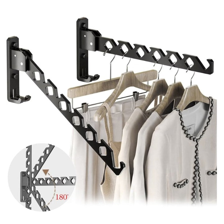 ZOUN Wall-Mounted Adjustable 180-Degree Aluminum Clothes Hanger, Black
