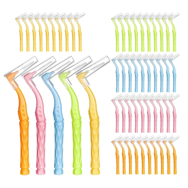 Perii interdentare set 50 bucati 5 dimensiuni 0.6 mm 0.7 mm 0.8 mm 1-1.2 mm 1.2-1.5 mm design in forma de L OUYLAF Multicolor