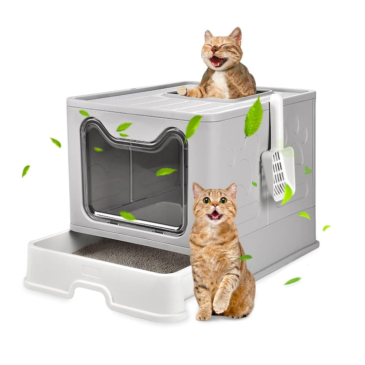 JFYU Cat Litter Box, Covered Cat Litter Box with Sand Pedal, Extendable Tray, Included Scoop, 2 Doors, Foldable, for Cats up to 15 kg, 50x41x41cm, Grey