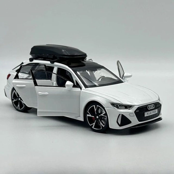 Audi RS6 Model Detachable Trunk Luminous Headlights and Taillights Metal with Realistic Lights and Engine/Alarm Sounds Functional Steering Wheel with Door Opening Function - White