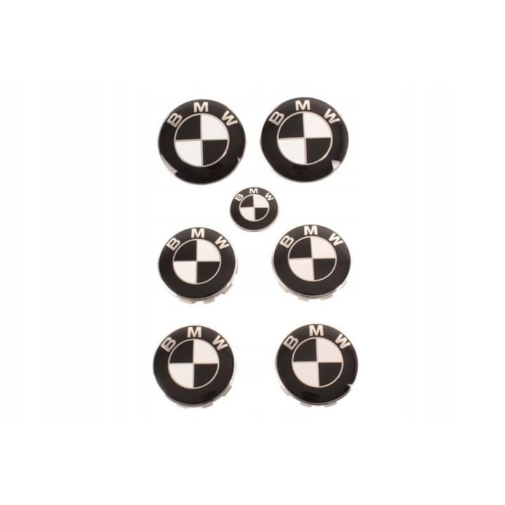 7-piece BMW emblem set: hood 82mm, trunk 74mm, wheel caps 68mm, steering wheel emblem 44mm - Black & White