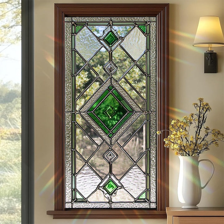 Folie Decorativa pentru Geam Model Vitraliu Geometric Statica Intimitate si Protectie UV 45 x 100 cm Verde