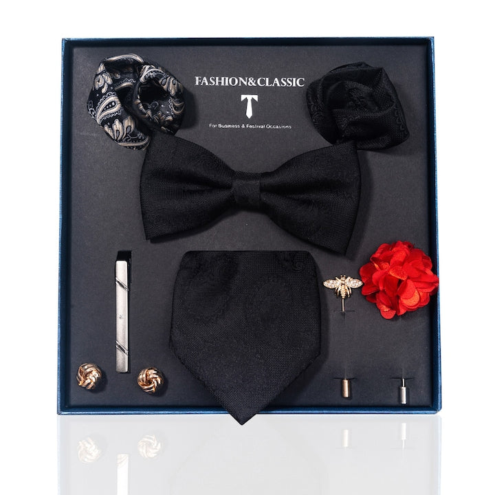 Fantasy - Set 8 elegant cravata Cu 1 cravata 1 papion 1 clip cravata 2 brose 2 batista 2 butoni Usor de asortat Pentru afaceri Pentru zi de nastere logodna nunta petrecere birou Poliester 21 x 21 x6 cm Cutie Negru cu model floral brodat