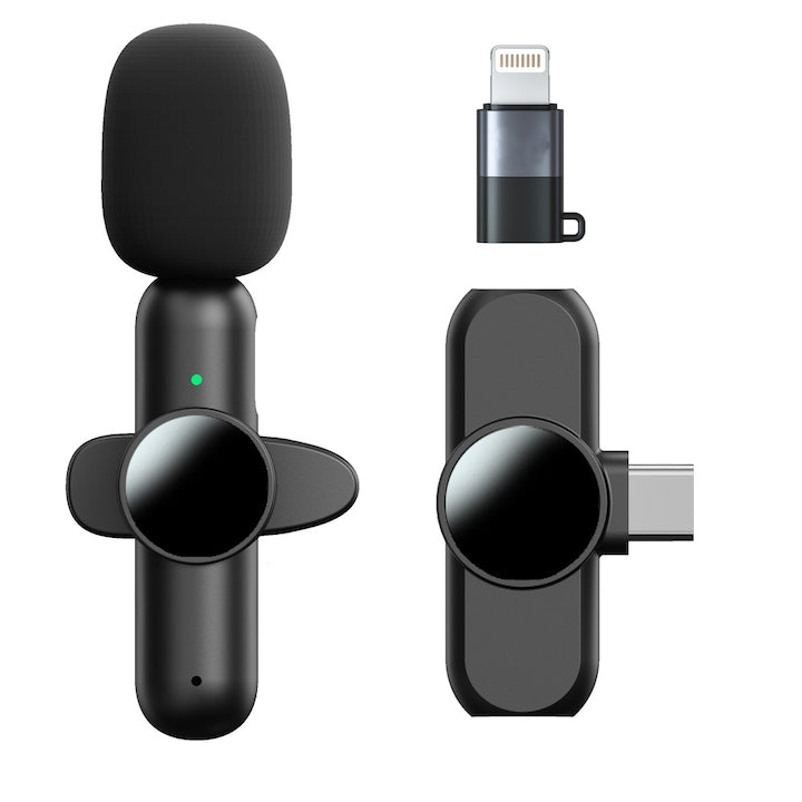 Set microfon/Lvalier fara fir USB-C/Lightning negru pentru smartphone-uri laptopuri tablete plug and play streaming live pentru productie audio sau video compatibil cu dispozitive iPhone iPad si Android