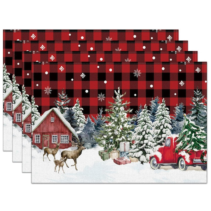 Set 4 Placemats tematica Craciun Poliester 45x30 cm reutilizabile Izolati eficient anti-alunecare banchet Potrivit pentru bucataria familiei restaurant petreceri mese festive si decorare Un model in carouri rosii si negre de Craciun
