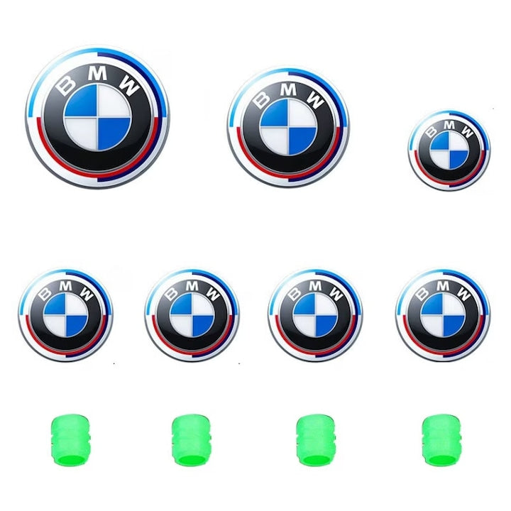 BMW emblems set, 11 pieces: hood 82mm, trunk 74mm, wheel center caps 68mm, steering wheel emblem 44mm. 50th Anniversary Edition.