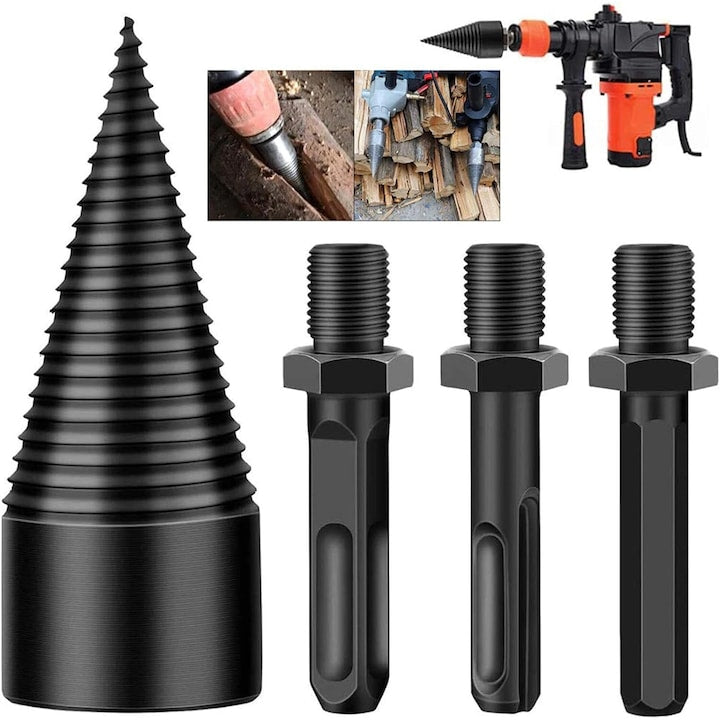 Set of 3 wood splitter drill bits, carbon, impact-resistant, black