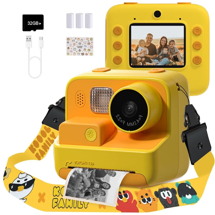 Camera foto video FULL HD pentru copii 48MP HD card de 32GB 1400mAh galben