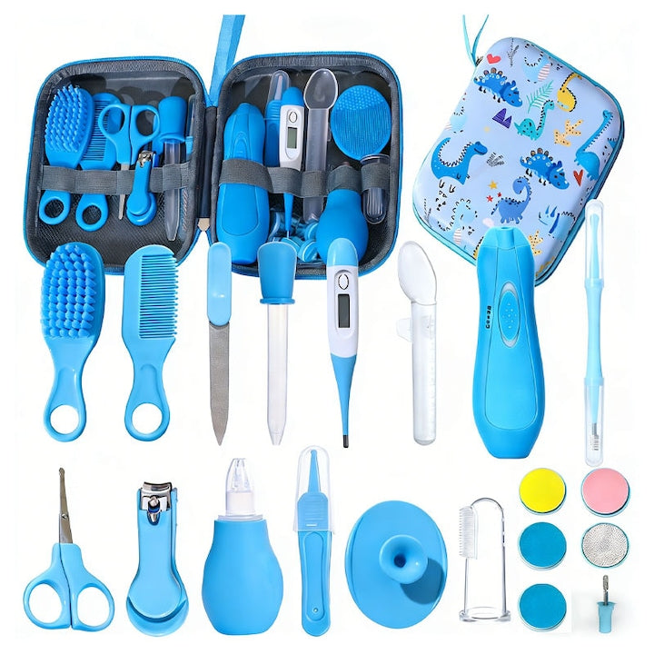 Set Ingrijire Bebelusi si Copii 20-in-1 Accesorii Omelivon Cu Foarfece Pentru Manichiura Aspirator Nazal Perie Par Termometru Digital Design Ergonomic Usor de Folosit Curatat Ingrijires Zilnica Albastru