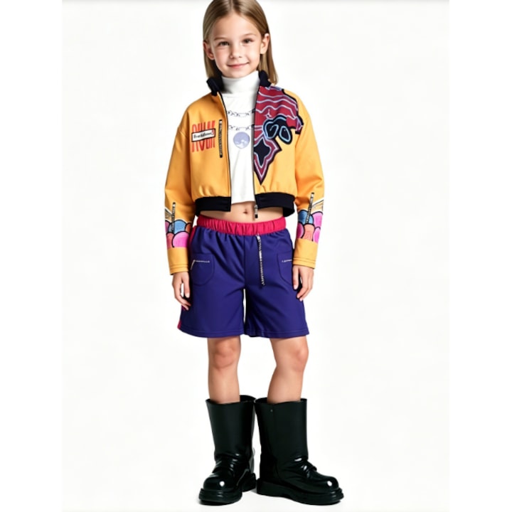 3-piece Hunter Pop Rumi set short orange-yellow jacket sleeveless top purple shorts 120 cm