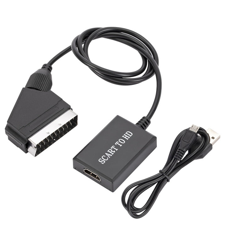 Converter SCART la HDMI Omelivon Plug and Play Full HD 720P/1080P Cu cabluri USB 1m Pentru HDTV monitor proiector STB VHS Xbox Sky Blu-ray player DVD Negru
