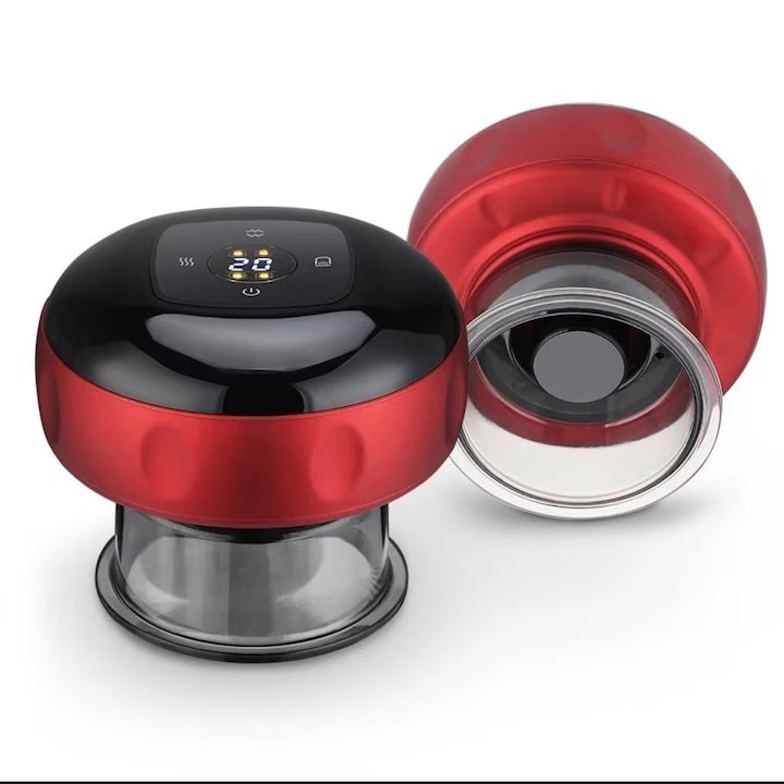 Aparat de Masaj Profesional tip Ventuza Pentru Spate Maini Picioare Efect Anti Celulita Relaxeaza Musculatura Viteza si Intensitate Reglabila 12 Viteze LCD Display Terapie cu lumina Infrarosu Baterie Reincarcabila Autonomie 4h Rosu