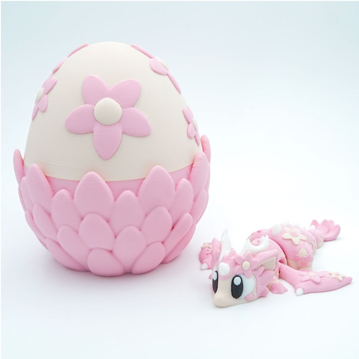 Set Mini Dragon Flori de Cires + Ou de Dragon Figurina Articulata 3D Roz