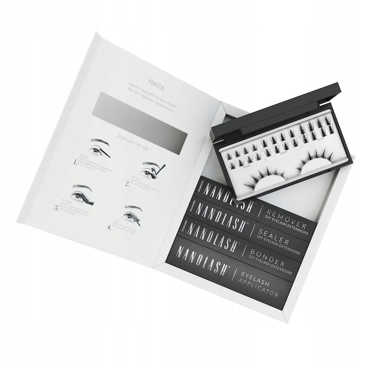 Complete kit for at-home cluster false eyelash application Nanolash FLIRTY 36 lashes bonder sealer remover applicator