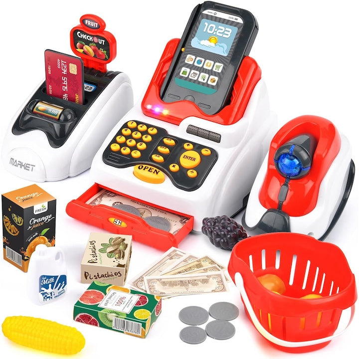 Cash Register Toy Set, 24 accessories, with lights and sounds, product scanner, calculator, card reader