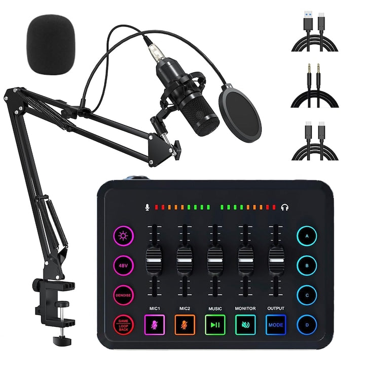 WALALLA F9 Podcast Equipment Set, Audio Mixer, BM-800 Microphone, Sound Card, Black, for PC Recording, Smartphone, YouTube, TikTok
