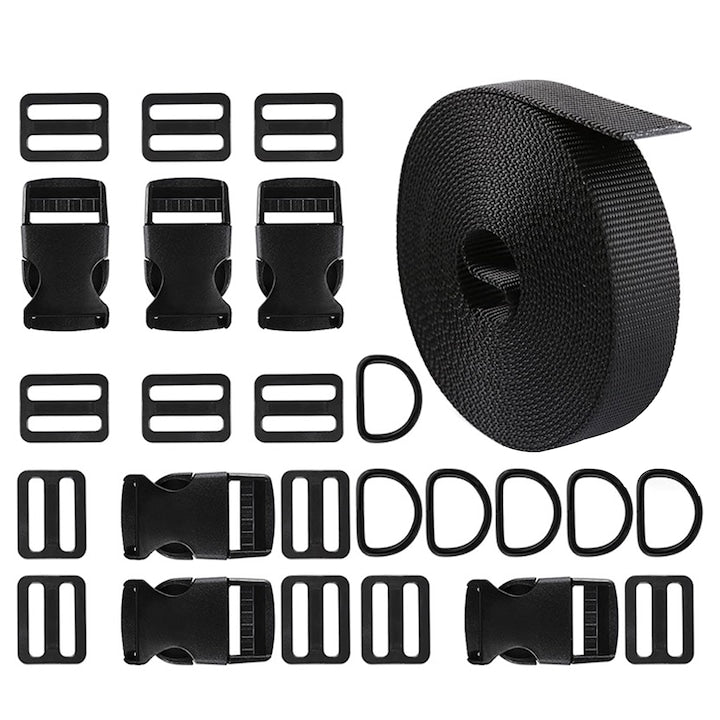 Set of 25 Trident Plastic Buckles SINBINTA Made with a tight weave Durable Tear-resistant Elastic Easy to use For camping Mountaineering Hiking Nylon 2.5cmx5.4m Black