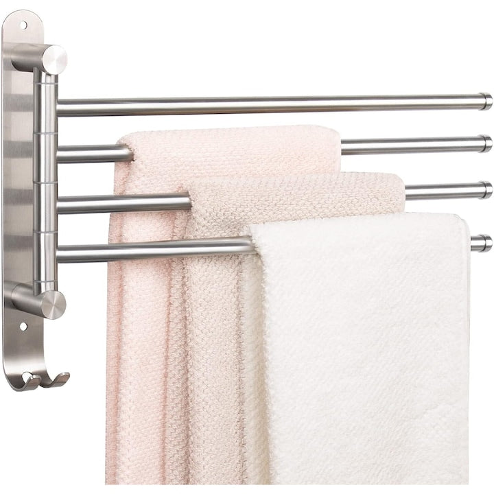 Suport Pentru Prosoape Pivotant Baie JFYU cu 4 Bare Din Otel Inoxidabil SUS 304 Design Elegant Suprafata Mata Rotire 180 Grade Design cu Carlige Rezistent la Apa Fara Gaurire 33.5 x 35 cm Argintiu