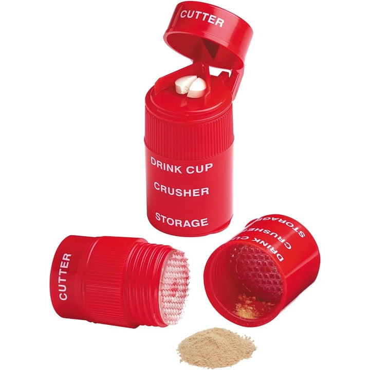 Dispozitiv taiere/sfaramare pastile cu trei grile cutie medicamente cu taietor si zdrobitor medicine grinder cana de apa detasabila Rosu