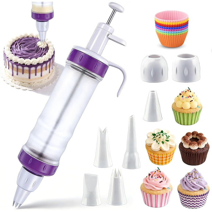Set Seringa Ornat Profesionala Swejah Ustensile Ornare Prajituri cu 5 Duze si 2 Cuplaje 10 Forme Briose Silicon ABS Fara BPA Reutilizabil Usor de Utilizat Decorare Prajituri Torturi Briose 28*10*5.5cm Mov
