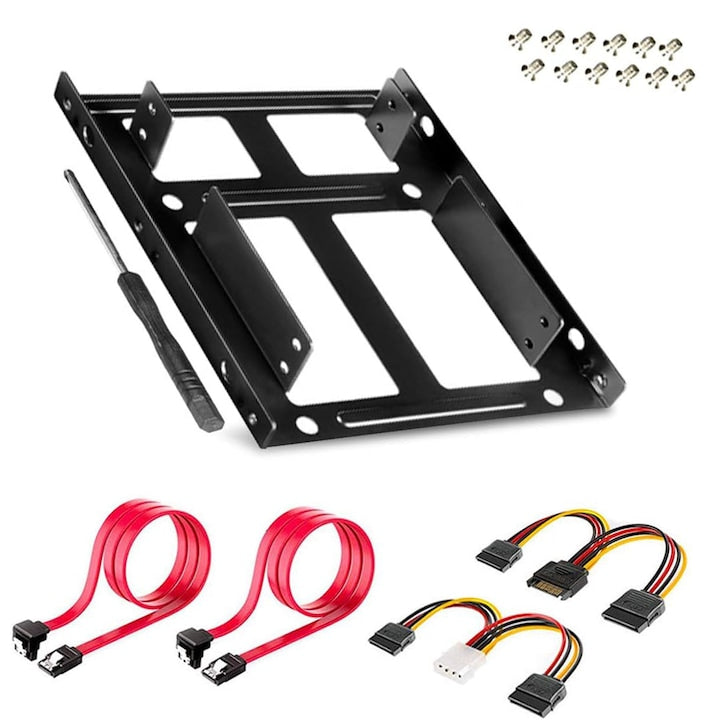 Set montare HDD/SSD de la 2.5" la 3.5" cu 2 x cablu date SATA si cablu alimentare SATA Negru