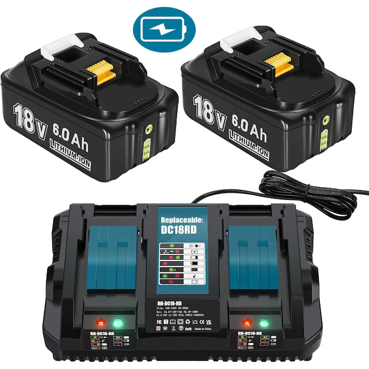 2 X 6.0Ah 18V Li-Ion Replacement Batteries + Dual Port Charger 6A DC18RD Compatible with Makita 14.4V-18V BL1860B、BL1860、BL1850B、BL1850、BL1840B Cordless Power Tools with LED Indicator