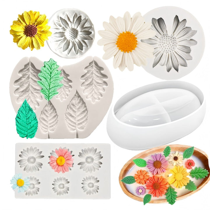 Set 4 Matrite de Silicon pentru Lumanari si Sapunuri - Flori si Frunze + Suport Oval Usor de Demolat Netoxice Rezistente