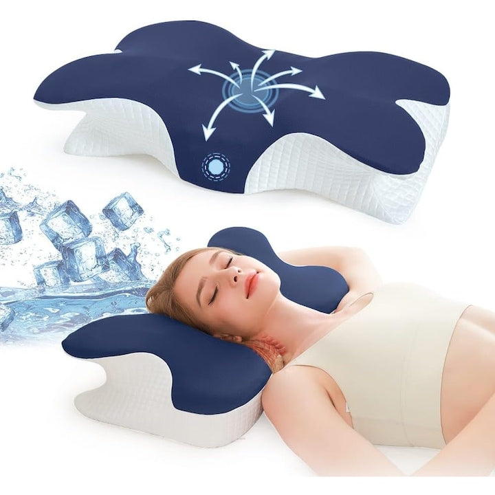 Perna Cervicala din Spuma cu memorie Perna Ortopedica Cervicala pentru Perna Ortopedica Cervicala pentru dormit fortopedica si ergonomica Pentru dormit pe spate oate fi folosit pentru sustinerea gatului si a gatului 61.5X34x9cm Bleumarin