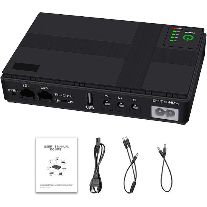 Portable Mini UPS 10400mAh 5V/9V/12V for Routers, Cameras, Speakers, Black
