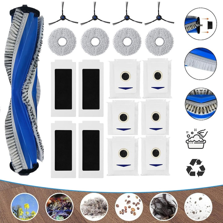 Replacement Accessory Set for Ecovacs Deebot T30 Omni / T30 Pro Omni Robot Vacuum Cleaner: 1 Main Brush, 4 HEPA Filters, 4 Mop Pads, 6 Dust Bags, 4 Side Brushes