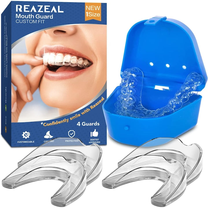 Set 4 gutiere impotriva scrasnitului din dinti 2 dimensiuni cu cutii protectie Transparente