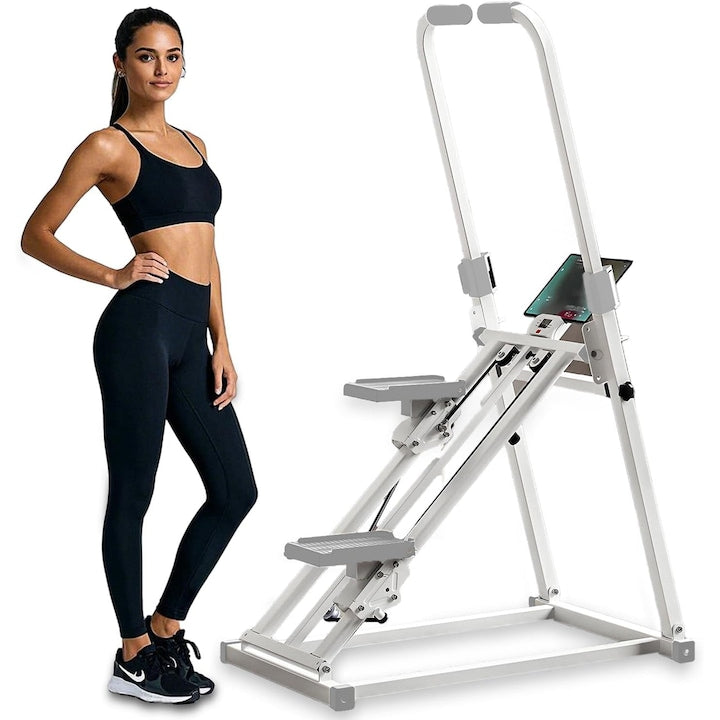 Stepper cu Ghidon Monitor LCD SANSES Otel/ABS Intensitate Ajustabila cu Inclinare Reglabila Pliabil Ghidon Reglabil Sarcina 300 Kg 80 x 51 x 116 cm Alb/Gri Deschis