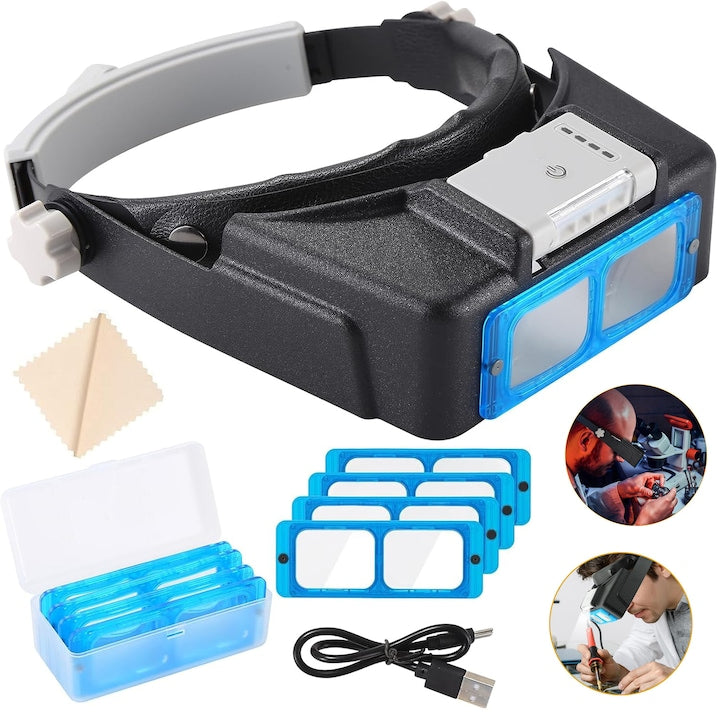 Headband Magnifier with LED Light Headlamp Professional Double-Lens Magnifier Rechargeable Magnifier 1.5X 2X 2.5X 3.5X for Close-Up Work, Repair, DIY Crafts