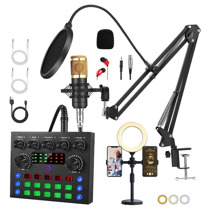 Pachet de echipamente pentru podcast cu inel de lumina si suport pentru telefon Walalla Negru | Multicolor Auriu