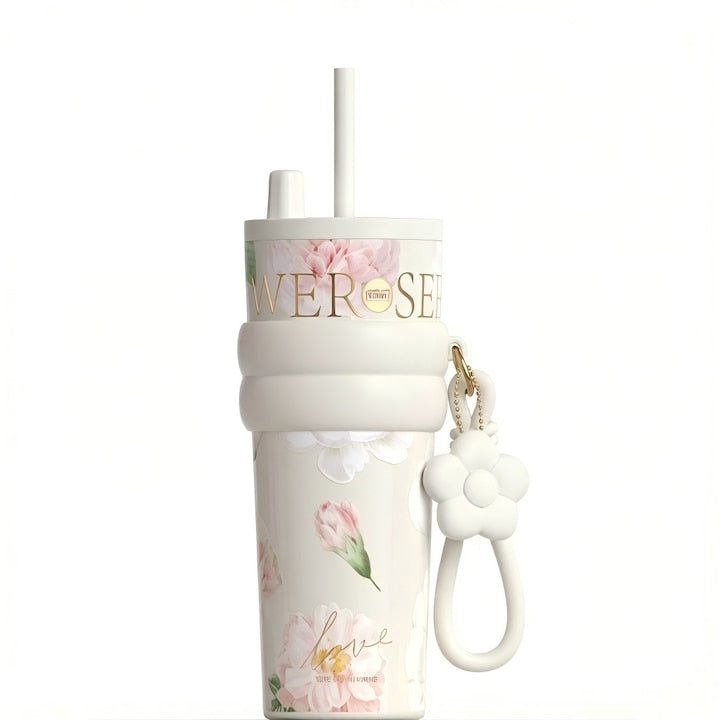 Cana Termos Portabila Cana Termo cu Pai din Otel Inoxidabil 316 700ml Izolare Vacuum Maner si Anti-Curgere Capacitate Mare Design Floral Roz Pastel