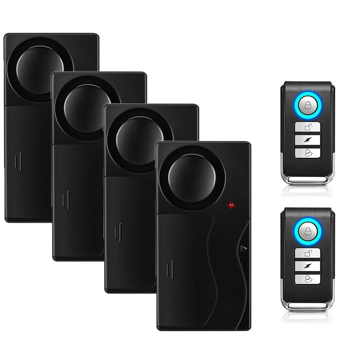 Sistem Alarma Anti-Furt Wireless Cu Senzor Miscare 110 dB 4 Senzori Include 2 Telecomenzi Potrivit Pentru Biciclete Scutere Si Masini Sistem Wireless De Alarma Pentru Protectia Personala Si A Vehiculului WALALLA