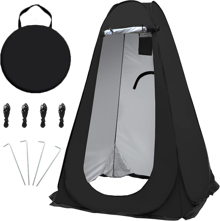 Pop-Up Shower/Toilet/Changing Tent with UV Protection, 1.2x1.2x1.9 m, Self-Erecting, Waterproof, Two-Window Design, Lightweight, for Camping, Beach, Hiking. Comes with Stakes, Rope, and Storage Bag, Black.