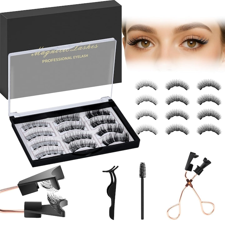 6 Pairs Magnetic False Eyelashes Set Bedee Black Reusable Includes Tweezer Brush and Eyelash Curler