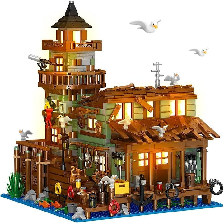 WALALLA Building Block Set, Wooden Fishing House Construction Toy with Light Garland, Enhances Parent-Child Interaction and Family Bonding, Suitable for Children Aged 14+ and Adults, 1881 Pieces