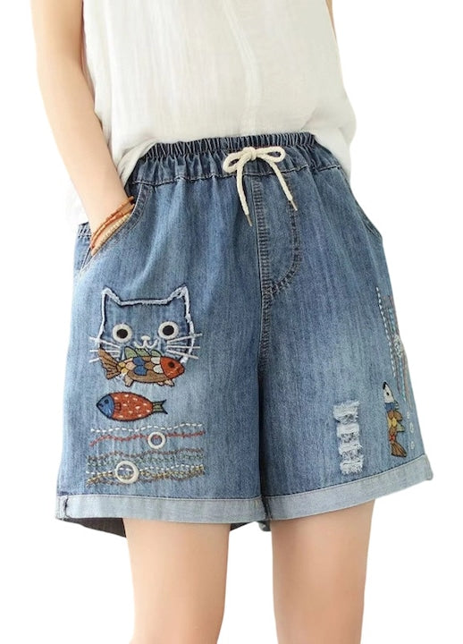 OEM - Women's retro ethnic style shorts, embroidered details, elastic waist, denim, 7 12 installments with 0% interest