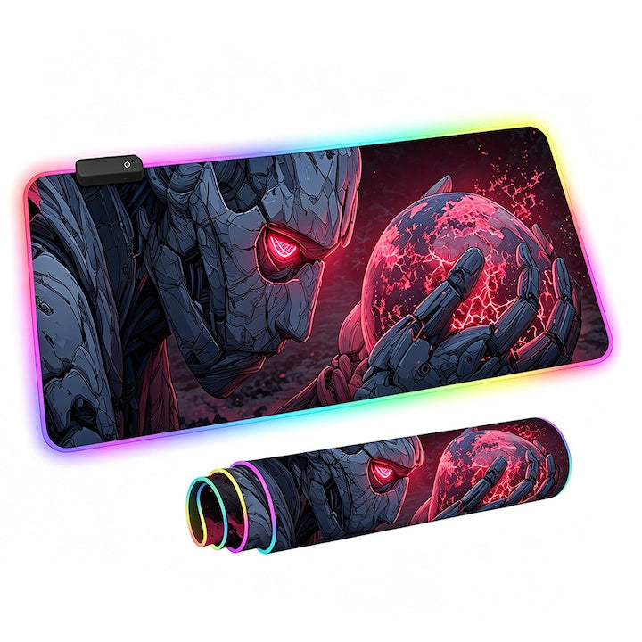 Mousepad Gaming RGB XXL 90x40 cm 7 Moduri Iluminare LED Reglabile Grosime 4 mm Baza Cauciuc Antiderapant Margini Cusute Design Sci-Fi USB