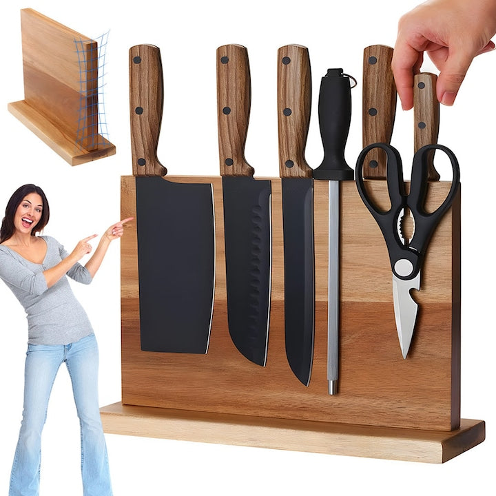Large Magnetic Wooden Knife Block (Knives Not Included), 21.8 x 29.6 x 10.4 cm, Double-Sided Universal Magnetic Knife Holder, Cutlery Block for Displaying and Storing Cutlery