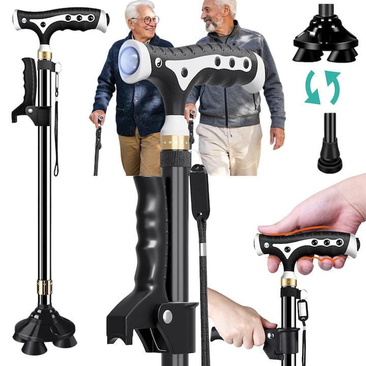 Baston de Mers Pe Jos Swejah 200kg cu LED Balustrade Franghii pentru Agatat Baterii si Capace pentru Picioare Aluminiu Doua Baze Interschimbabile Reglare pe Inaltime in 10 Niveluri Anti-Alunecare pentru Seniori si Adulti Negru